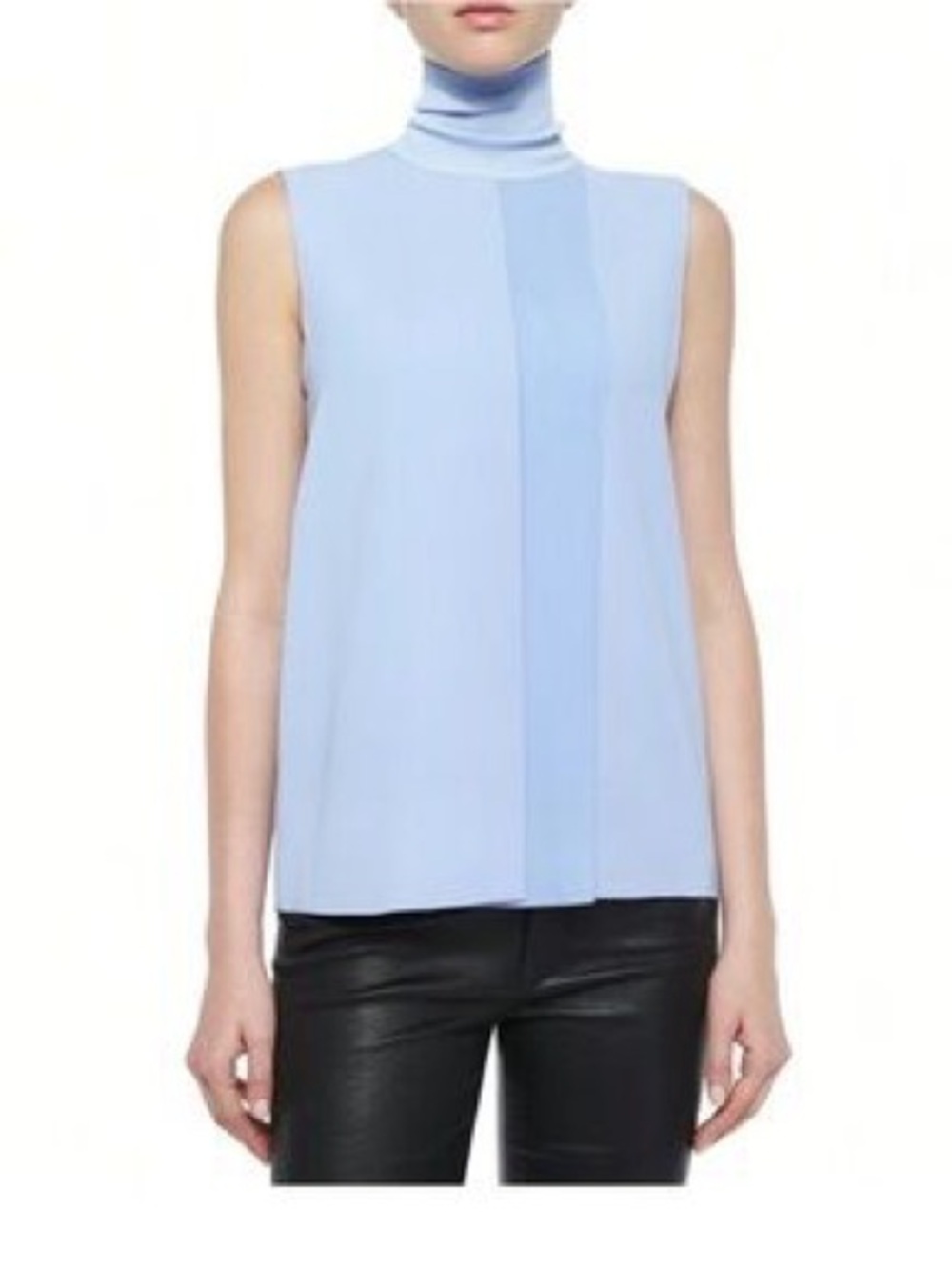 Vince Sleeveless Light Blue Mock Neck Pleated Front Top Womens S Polyester Blend